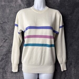 Mount Cervin Striped Sweater Women Medium Cream Vintage Wool Blend Crewneck